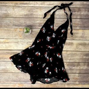 Free People Black Backless Halter Romper w/ Roses